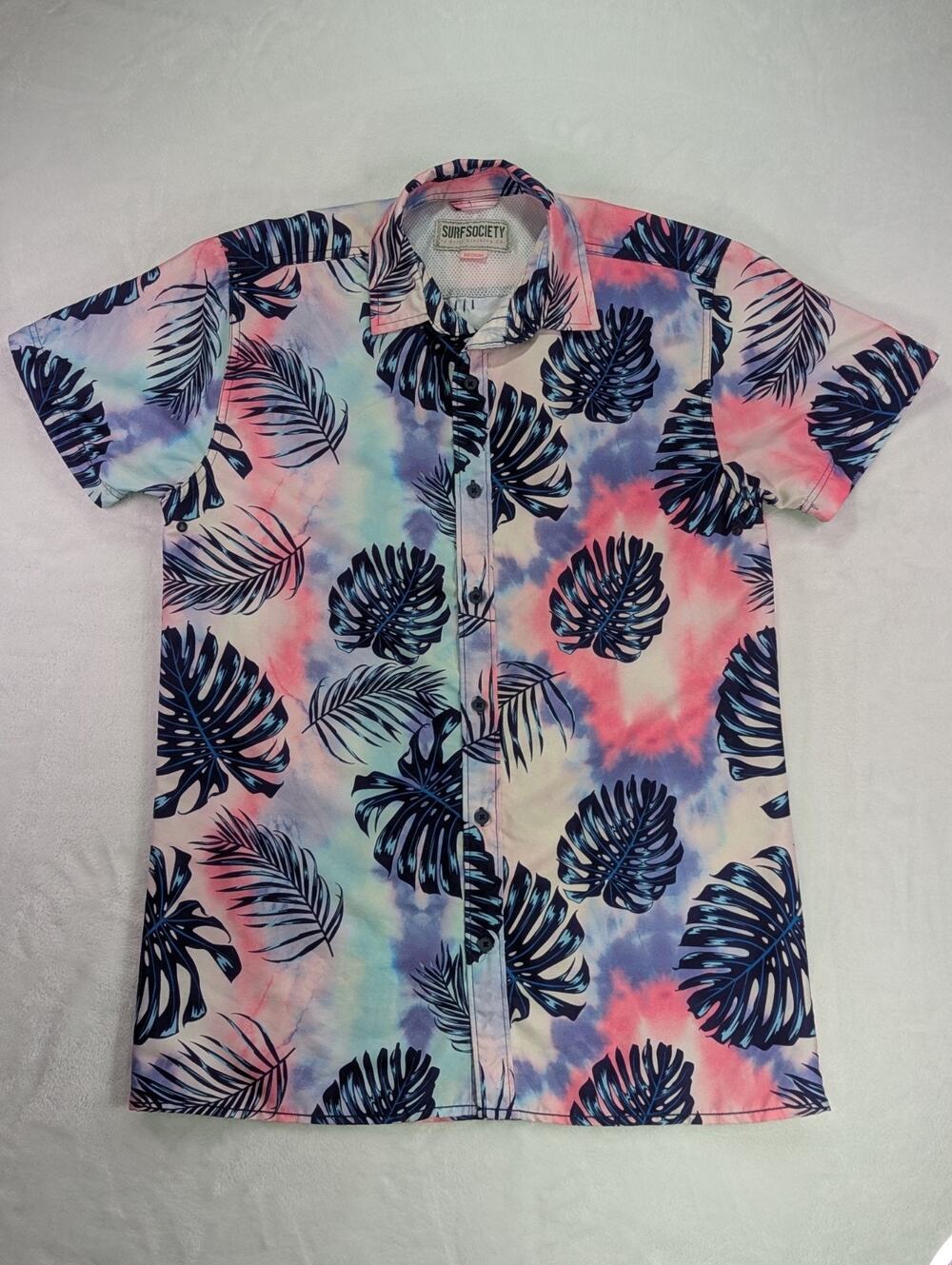 Surf Society Men M Tropical Tie Dye Palm Leaf Hawaiian Aloha Button Down Shirt